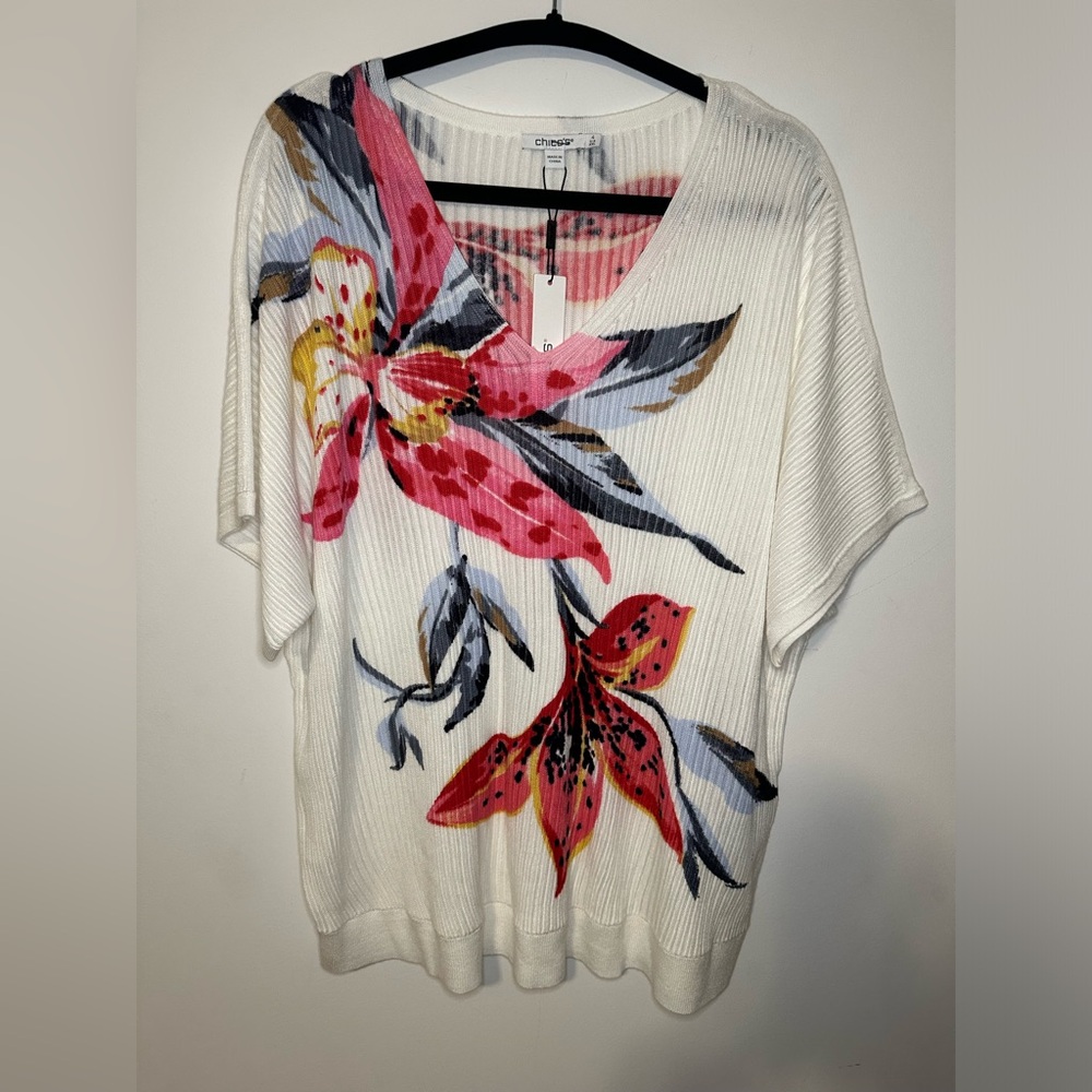 Chico's Floral Print Dolman Pullover Size 4 US XXL Short Sleeve V Neck Multi